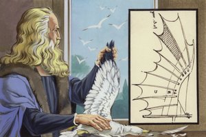 Leonardo Da Vinci bestudeert vogels om te ontdekken hoe een mens kan vliegen (gouache op papier) door Angus McBride