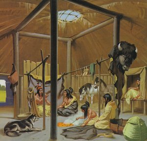 Mandan aarden hut (kleurenlitho)