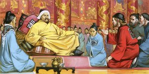 Marco Polo aan het hof van Kublai Khan, 20e eeuw (gouache op papier)
