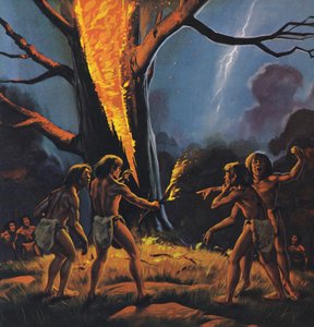 Prehistorische mens en vuur (kleurenlitho)