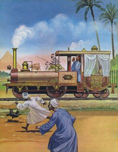De Khedive van Egypte liet een locomotief en koets bouwen in Engeland in 1862 (kleurenlitho) door Angus McBride