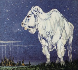 De witte buffel (kleurenlitho)