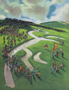 Uffington White Horse, gebouwd door Alfred De Grote na de slag bij Ashdown tegen de Denen (kleurenlitho)