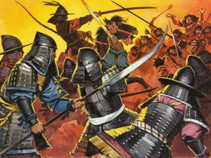 Ongeïdentificeerde Japanse krijgers in gevecht door Angus McBride