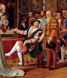 Detail van het schilderij: De eeuw van François I: François I koning van Frankrijk ontvangt in Fontainebleau het schilderij van de Heilige Familie, gestuurd vanuit Rome door Raphael als eerbetoon aan zijn dankbaarheid door Anicet Charles Gabriel Lemonnier