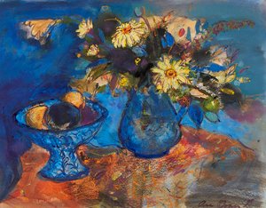 Bloemen en Fruit op Blauw en Oranje