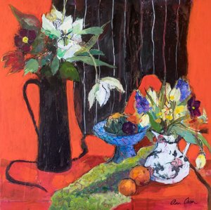 Keuken stilleven op rood, 2019