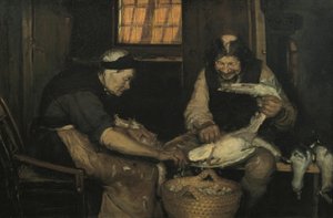 Oud echtpaar plukt meeuwen. Lars Gaihede en oude Lene door Anna Ancher