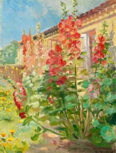 Rode stokrozen in de tuin van de familie Ancher op Markvej in Skagen. door Anna Ancher