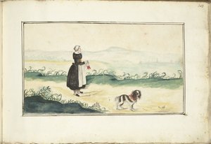 Boerenvrouw en hond in een landschap