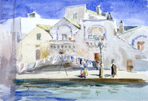 Huizen bij een kanaal met een waslijn, ca. 1864-1930 door Anna Lea Merritt