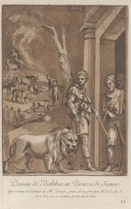 Een herder met een leeuw aan een lijn op de voorgrond, in het midden de sh..., ca. 1729-64 door Anne Claude Philippe de