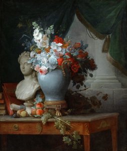Vaas met bloemen en een buste van Flora