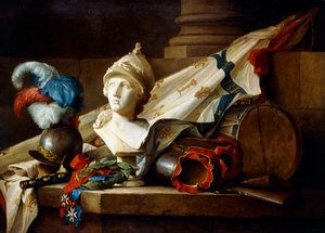 Een buste van Minerva met wapenrusting en wapens op een stenen richel, 1777