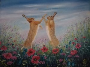 Dansende hazen in een papaverveld door Annette Armitage