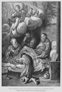 St. Franciscus van Assisi, lijdend aan ziekte, wordt genezen door het geluid van een hemels instrument (litho) door Annibale (after) Carracci