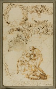 Dronken Silenus en decoratieve schetsen: Studies voor de Tazza Farnese (recto); Twee vechtende Putti: Studie voor de Galleria Farnese (verso) door Annibale Carracci