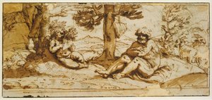 Flötenspielender Amor und Silenus in einer arkadischen Landschaft door Annibale Carracci