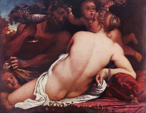 Duits: Bacchantin Venus met een Satyr en Cupido