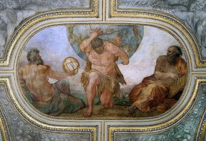 Hercules draagt voor Atlas het hemelgewelf (fresco in Camerino) door Annibale Carracci