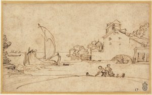 Landschap met figuren bij een riviermonding met zeilboten door Annibale Carracci