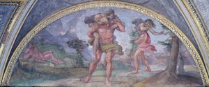 Lunet met Aeneas die vlucht uit het brandende Troje met zijn vader Anchises gevolgd door Ascanius met zijn moeder door Annibale Carracci