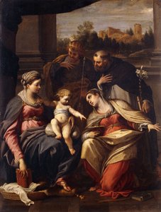 De Madonna en Kind met de heiligen Lucia, Dominicus en Lodewijk van Frankrijk, een landschap met een stad door een raam