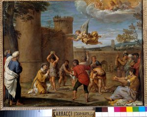 De steniging van St. Stefanus: St. Stefanus (Stephane), was de eerste christelijke martelaar die in 36 na Chr. door steniging stierf. Schilderij door Annibale Carracci (1560-1609). 16e eeuw. Parijs