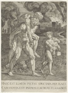 Aeneas vlucht met zijn familie uit Troje door Anonymous