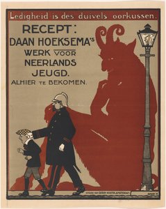 Affiche voor kinderboeken van Daan Hoeksema Ledigheid is des duivels oorkussen (titel op object) door Anonymous