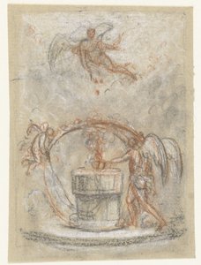 Allegorische voorstelling met figuren rond monument of altaar door Anonymous