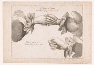 Allegorische voorstelling met groetende handen en een hand die een obsceen gebaar maakt door Anonymous