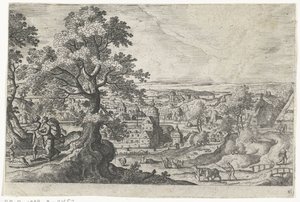 Apollo wandelend met een jonge vrouw (Landschappen met mythologische en bijbelse voorstellingen) door Anonymous