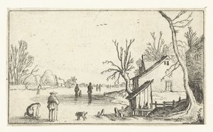 Boerderij bij bevroren rivier met schaatsers op het ijs (Kleine landschappen) door Anonymous