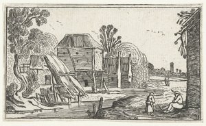 Boerderij en schuur op palen aan een water door Anonymous