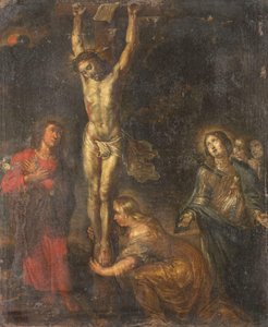 Christus aan het kruis, met de Moeder van Smarten en de heiligen Johannes de Evangelist en Maria Magdalena
