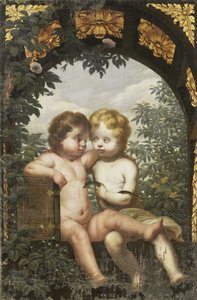 Christelijke allegorie met twee kinderen met een bijbel en een slang door Anonymous