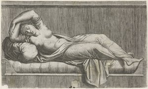 Cleopatra halfnaakt liggend op bed