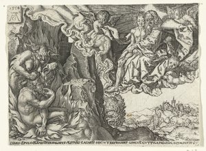 De rijke man in de hel ziet Abraham met Lazarus door Anonymous