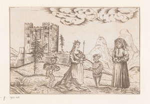 Drie personen en een duivel in een landschap voor een kasteel