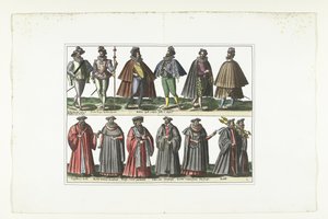 Dubbele plaat met twaalf mannen gekleed volgens de Franse mode, ca. 1580