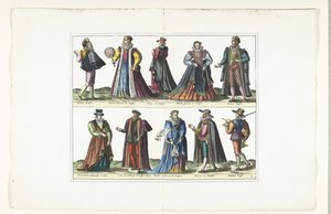 Dubbele plaat met vijf mannen en vijf vrouwen gekleed volgens de Engelse mode, ca. 1580 door Anonymous