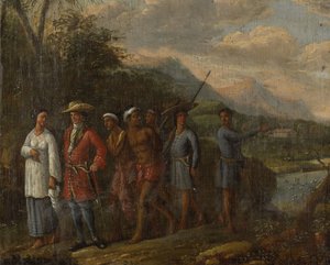 Nederlandse koopman met slaven in een heuvelachtig gebied in Oost-Indië