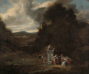 Elegant gezelschap bij een antieke fontein in een open plek door Anonymous