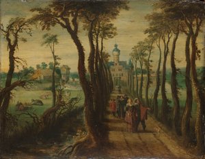 Elegant gezelschap op een dijk die naar een buitenhuis leidt