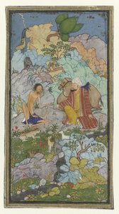 Episode uit de liefdesgeschiedenis van Laila en Majnun, de vermagerde Majnun zit in een landschap met een man en zijn kameel