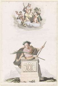 Figuur leunend op een stenen pilaar met initialen en Maria op de wolken