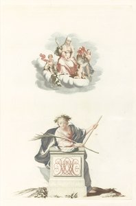 Figuur leunend op een stenen pilaar met initialen en Maria op de wolken door Anonymous