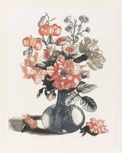 Vijf prenten van bloemen in glazen vazen