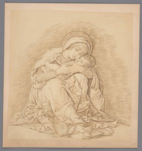 Fotoreproductie van de gravure Zittende Maria met kind door Andrea Mantegna
